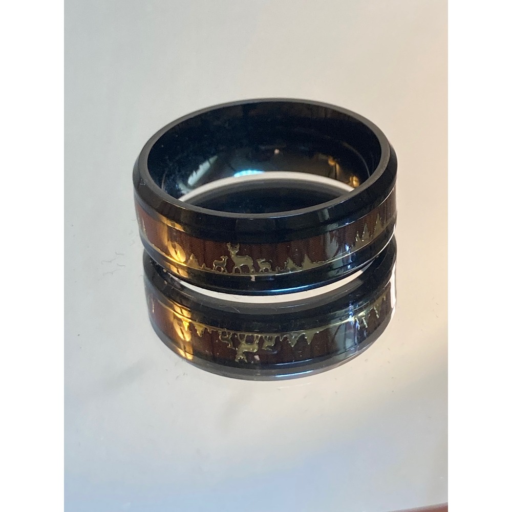 Mens Size 13 Stainless Steel Ring Wedding Band Wood Accent Inlay Black Outdoors